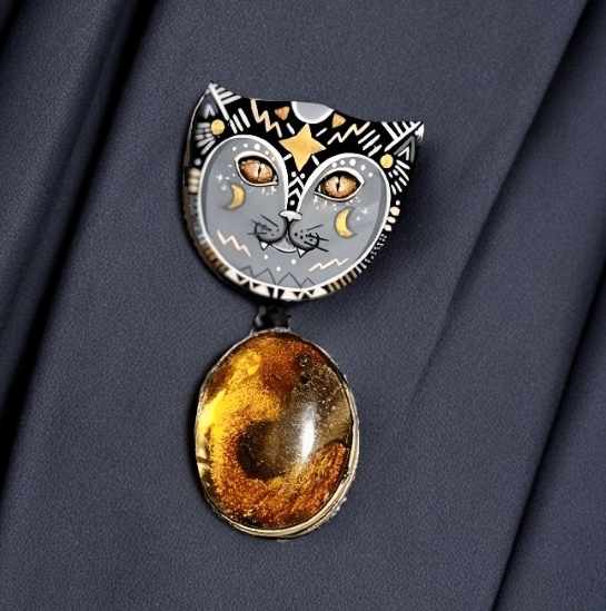 Брошь из янтаря "Лунный кот" - Золотая капля