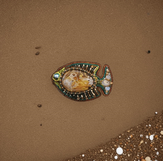 Брошь из янтаря "Рыба" - Золотая мгла