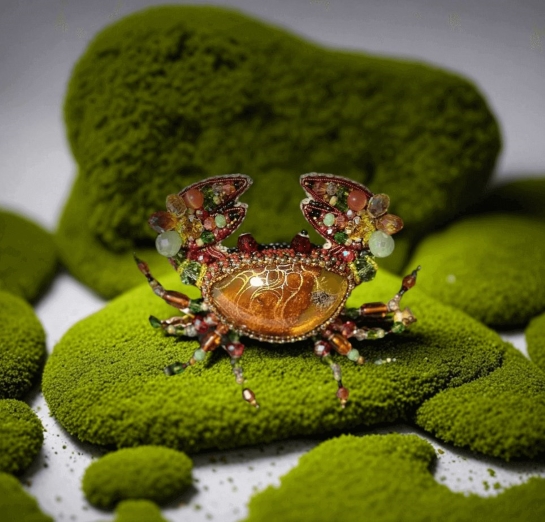 Брошь из янтаря и бисера "Краб"