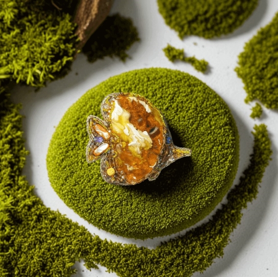 Брошь из янтаря и бисера "Рыба"